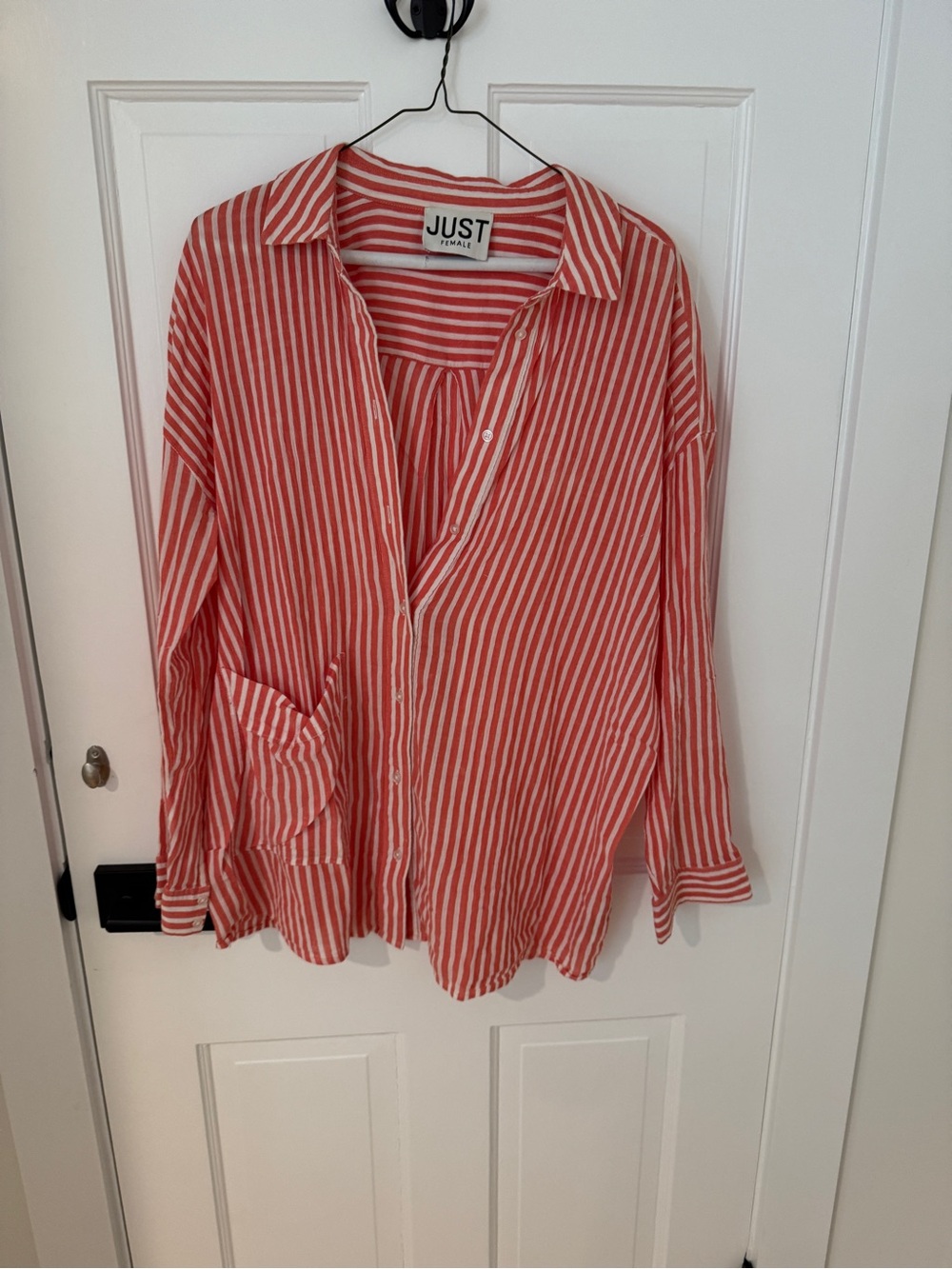Just Female Coral and White Striped Button-Up Shirt